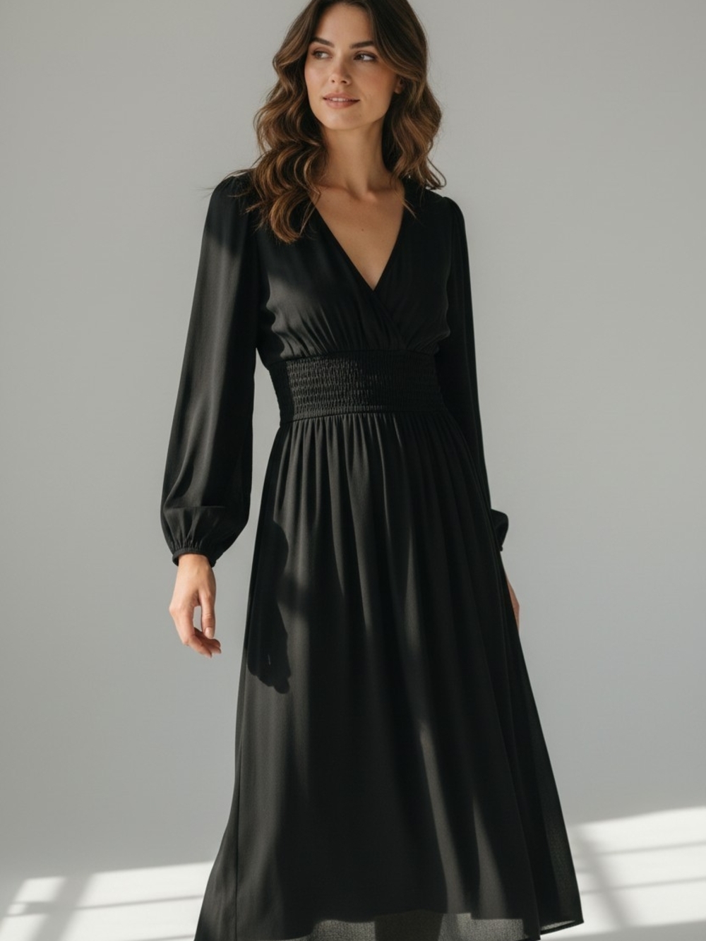GAP Black Long-Sleeve V-Neck Midi Dress